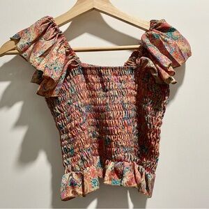 Perry Walker Boho Coquette Cottage Ruffles Smoked Cropped Rococo Top Blo…